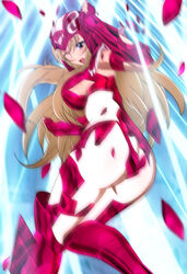  aquila_yuna armor ass blonde_hair blue_eyes blush breasts broken_armor cosplay helmet highres light long_hair looking_down mermaid_thetis open_mouth saint_seiya saint_seiya_omega sideboob solo standing wink yadokari_genpachirou 