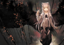  aituoku alternate_color black_wings bow brown_eyes commentary_request female fire fujiwara_no_mokou hairbow large_wings long_hair pants photoshop_(medium) smile solo suspenders touhou white_hair wings 