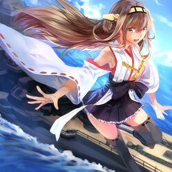  ahoge bad_id bad_pixiv_id blurry boots brown_eyes brown_hair depth_of_field detached_sleeves female hair_bun hairband kantai_collection kongou_(battleship) kongou_(kancolle) long_hair looking_at_viewer military military_vehicle nontraditional_miko ocean open_mouth photoshop_(medium) pleated_skirt rff_(3_percent) ship single_hair_bun skirt solo thigh_boots thighhighs vehicle_and_personification warship watercraft zettai_ryouiki 