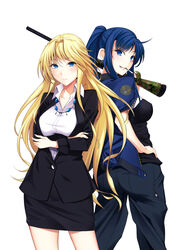  2girls blonde_hair blue_eyes blue_hair collarbone commentary_request crossed_arms grisaia_(series) gun hand_on_own_hip harudera_yuria holding holding_gun holding_weapon kusakabe_asako long_hair looking_at_viewer mole mole_under_eye multiple_girls ponytail rifle simple_background tsugaru_(co-walker) weapon white_background 