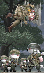  101st_airborne battle_rifle bolt_action camouflage combat_helmet commentary_request compass d-day dagger_v42 dangling fallschirmhelm fallschirmjager female fg42 forest france gloves gun helmet highres invasion_of_normandy kaname_madoka knife kyuubee m1_helmet mahou_shoujo_madoka_magica mahou_shoujo_madoka_magica_(anime) mauser_98 military mp40 nature nazi night original parachute paratrooper real_life reichsadler rifle saving_private_ryan scared shingyouji_tatsuya stahlhelm submachine_gun swastika tree war weapon world_war_ii 