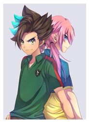  2boys back-to-back bad_id bad_pixiv_id battle_eleven best_eleven blue_eyes blue_hair brown_hair inazuma_eleven_(series) inazuma_eleven_choujigen_dream_match inazuma_eleven_go inazuma_eleven_go_galaxy kirino_ranmaru long_hair looking_back maianh male_focus matatagi_hayato multicolored_hair multiple_boys pink_hair simple_background soccer_uniform sportswear twintails two-tone_hair 