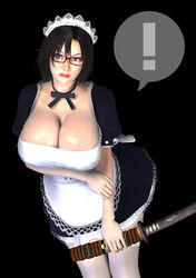  3d black_hair breasts brown_eyes cleavage collar gigantic_breasts glasses huge_breasts lips lipstick lowres maid maid_outfit makeup mifuyu_(umemaro) original sword umemaro umemaro_3d weapon 