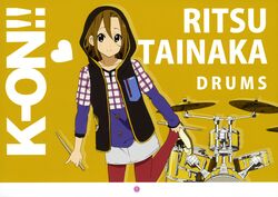  absurdres alternate_hairstyle casual comiket_79 drum drum_set drumsticks female hair_down heart highres hood horiguchi_yukiko instrument k-on! official_art pantyhose red_pantyhose scan solo tainaka_ritsu 