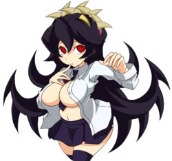  1girls big_breasts black_hair breasts cleavage covered_nipples erect_nipples female filia_(skullgirls) hair large_breasts misaki_naoe navel red_eyes samson_(skullgirls) skullgirls solo tagme thick_thighs thighhighs white_background wide_hips 