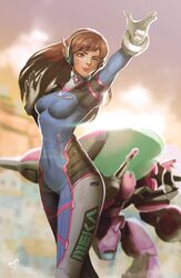  ;) acronym aiming arm_cannon armor blurry blurry_background bodysuit bokeh boots bracer breasts breasts_apart brown_eyes brown_hair closed_mouth commentary covered_navel d.va_(overwatch) depth_of_field english_commentary eyelashes facepaint facial_mark female finger_gun gatling_gun gloves gun hands_up headphones legs_together long_hair long_sleeves mecha medium_breasts meka_(overwatch) mynare one_eye_closed overwatch overwatch_1 pauldrons pilot_suit pointing ribbed_bodysuit robot shoulder_armor shoulder_pads skin_tight smile solo standing swept_bangs thigh_boots thigh_strap thighhighs turtleneck weapon whisker_markings white_footwear white_gloves 