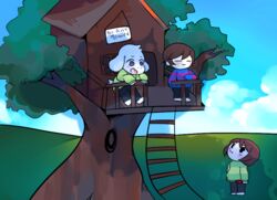  :| ambiguous_gender anthro asriel_dreemurr blue_eyes blush boss_monster_(undertale) bovid caprine chara_(undertale) clothed clothing cloud conditional_dnp crybleat day english_text frisk_(undertale) fur grass group human ladder long_ears looking_up male mammal open_mouth outside plant sky text tree tree_house undertale undertale_(series) white_body white_fur 