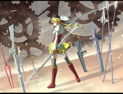  antique_firearm bayonet beret bident blonde_hair boots commentary_request detached_sleeves drill_hair dual_wielding fate/stay_night fate_(series) female field_of_blades fingerless_gloves firelock flintlock full_body gears gloves gun hair_ornament hairpin hat highres holding lance_of_longinus_(evangelion) letterboxed long_hair magical_girl mahou_shoujo_madoka_magica mahou_shoujo_madoka_magica_(anime) multiple_weapons musket neon_genesis_evangelion pale_skin parody photoshop_(medium) planted planted_gun planted_spear pleated_skirt polearm puffy_sleeves ribbon rifle skirt smile solo spear striped_clothes striped_thighhighs teresa007 thighhighs tomoe_mami tomoe_mami_(magical_girl) twin_drills twintails unlimited_blade_works_(fate) vertical-striped_clothes vertical-striped_thighhighs weapon yellow_eyes zettai_ryouiki 