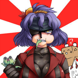  &gt;_&lt; bandana big_boss big_boss_(cosplay) bodysuit bondo breasts cleavage closed_eyes commentary_request cosplay eyepatch female frog hair_ornament headband large_breasts metal_gear_(series) metal_gear_solid purple_hair pyonta slit_pupils touhou yasaka_kanako yellow_eyes 