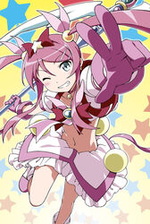  aqua_eyes bad_id bad_pixiv_id blush cosplay female gloves highres hoshikuzu_witch_meruru jeki kousaka_kirino magical_girl meruru_(oreimo) meruru_(oreimo)_(cosplay) midriff navel official_art one_eye_closed ore_no_imouto_ga_konna_ni_kawaii_wake_ga_nai photoshop_(medium) skirt solo star_(symbol) twintails vector_trace 