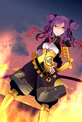  armor bad_id bad_pixiv_id bow ediblepanda eiyuu_senki female fire genderswap_(mtf) japanese_armor japanese_clothes light long_hair looking_at_viewer magatama orange_eyes purple_hair rule_63 serious solo standing sword two_side_up weapon wind yamato_takeru_(eiyuu_senki) yellow_bow 