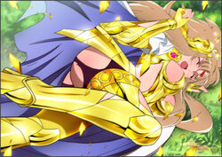  aquila_yuna armor blonde_hair blush breasts broken_armor cape closed_eyes cosplay defeated gemini_paradox highres long_hair lying on_side open_mouth saint_seiya saint_seiya_omega screaming solo torn_clothes yadokari_genpachirou 