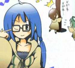  aussa blue_eyes blue_hair bow coat duel_monster eria glasses green_hair long_hair pony-tail ponytail short_hair tree wink wynn yu-gi-oh! yuu-gi-ou_duel_monsters 