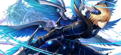  2boys angel archangel_lucifer archdemon_lucifer_(p&amp;d) blonde_hair blue_eyes blue_wings closed_mouth commentary_request feathered_wings fur_trim gauntlets glowing hair_between_eyes halo head_wings holding holding_sword holding_weapon horns light_frown long_hair male_focus multiple_boys multiple_wings puzzle_&amp;_dragons revision sword tenyo0819 visible_air water weapon wings 