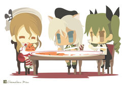  3girls ^_^ anchovy_(girls_und_panzer) beret blue_eyes brown_eyes brown_hair cape chameleon_man_(three) chibi closed_eyes commentary_request country_connection crossover drill_hair eating flat_color food food_on_face fork girls_und_panzer giuseppina_ciuinni green_hair hair_ribbon hat headdress kantai_collection littorio_(kancolle) multiple_girls no_lineart pantyhose pasta ribbon school_uniform smile strike_witches:_suomus_misfits_squadron trait_connection uniform white_background white_hair white_legwear world_witches_series 