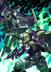  1980s_(style) 2boys astrotrain blitzwing cannon commentary_request decepticon fire full_body glowing green_fire gun mecha mechanical_wings multiple_boys no_humans red_eyes retro_artstyle robot ryuuichirou_(haineken) sword transformers transformers:_generation_1 weapon wings 