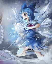  :d aerokinesis ascot blue_dress blue_eyes blue_hair cirno cirno_day collared_shirt commentary_request cryokinesis dress female fuente highres ice ice_wings open_mouth puffy_short_sleeves puffy_sleeves shirt short_sleeves skirt skirt_set smile snowflakes socks solo swirling touhou v-shaped_eyebrows vest wavy_hair white_socks wind wings 