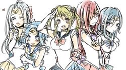  5girls asuta1102 bishoujo_senshi_sailor_moon blonde_hair blue_hair breasts choker cosplay erza_scarlet fairy_tail hair_ornament hair_over_one_eye juvia_loxar kodansha levy_mcgarden lucy_heartfilia mirajane mirajane_strauss multiple_girls red_hair ribbon sailor_collar skirts twintails white_hair wink 