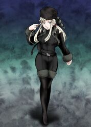  blonde_hair blue_eyes boots breasts commentary_request coon_hat darker_than_black elice female glowing glowing_eyes large_breasts long_hair ponytail skin_tight solo tanya_(darker_than_black) thigh_boots thighhighs 