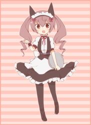  akiha_rumiho animal_ears blush border cat_ears chuo_(irityuo) commentary_request drill_hair fake_animal_ears female frills long_hair maid maid_headdress open_mouth pantyhose pink_background pink_eyes pink_hair pink_theme puffy_short_sleeves puffy_sleeves short_sleeves smile solo steins;gate striped striped_background tray twin_drills twintails wrist_cuffs 