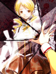  commentary_request crack drill_hair dual_persona female lifegoeson long_hair magical_girl mahou_shoujo_madoka_magica mahou_shoujo_madoka_magica_(anime) mirror outstretched_arm photoshop_(medium) reflection smile tomoe_mami tomoe_mami_(magical_girl) 