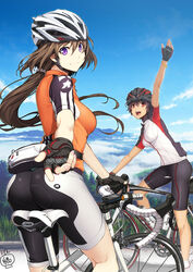  2girls :d arm_up ass bicycle bicycle_helmet bike_jersey bike_shorts black_hair blue_sky bracelet breasts brown_hair chin_strap cloud commentary_request cover cycling_uniform day fanny_pack fingerless_gloves floating_hair from_behind gloves grey_hair hair_between_eyes helmet jewelry kneepits light_smile long_hair long_riders_(doujin) looking_at_viewer looking_back low_ponytail medium_breasts multiple_girls nail_polish open_mouth outdoors outstretched_hand pants partial_commentary photoshop_(medium) ponytail profile purple_eyes purple_hair red_eyes riding road shima_udon shirt short_hair short_sleeves signature sky smile socks sportswear tight_clothes tight_pants tight_shirt tree waving 