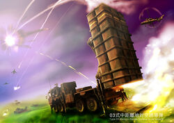  aircraft airplane anti-aircraft_missile commentary contrail english_text fighter_jet firing flying helicopter jet military military_truck military_vehicle missile_trail missile_vehicle motor_vehicle no_humans oh-1_ninja original outdoors signature smoke smoke_trail tank transporter_erector_launcher_(tel) truck type_3_chu-sam vehicle_focus zephyr164 