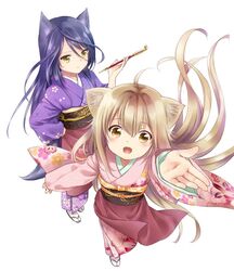  2girls :d ahoge amano_sakuya animal_ears black_hair blonde_hair brown_eyes commentary_request fangs fox_ears japanese_clothes kimono konohana_kitan long_hair looking_at_viewer multiple_girls official_art open_mouth satsuki_(konohana_kitan) simple_background smile yellow_eyes yuzu_(konohana_kitan) 