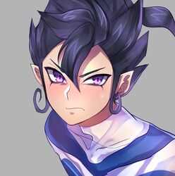  1boy bad_id bad_pixiv_id blue_hair earth_eleven grey_background inazuma_eleven_(series) inazuma_eleven_go inazuma_eleven_go_galaxy looking_at_viewer maianh male_focus manuuba_gibutsu pointy_ears purple_eyes simple_background soccer_uniform solo sportswear upper_body 