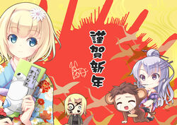  2boys 2girls animal_costume blonde_hair blue_eyes commentary_request crying flower frolaytia_capistrano hair_bun hair_flower hair_ornament havia_winchell heavy_object japanese_clothes kdc_(koineko) kimono kiseru light_purple_hair long_hair milinda_brantini monkey_costume multiple_boys multiple_girls new_year partial_commentary purple_eyes qwenthur_barbotage short_hair single_hair_bun single_tear smile smoking_pipe 