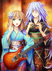  2girls 440_(straight440) brown_hair commentary_request electric_guitar flower green_eyes guitar hair_flower hair_ornament instrument japanese_clothes kimono looking_at_viewer multiple_girls open_mouth original paul_reed_smith purple_hair smile v yellow_eyes 