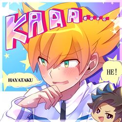  2boys aqua_eyes bad_id bad_pixiv_id blue_hair blush brown_hair earth_eleven highres inazuma_eleven_(series) inazuma_eleven_go inazuma_eleven_go_galaxy jacket maianh male_focus matatagi_hayato minaho_kazuto multicolored_hair multiple_boys open_mouth orange_hair portrait star_(symbol) track_jacket two-tone_hair 