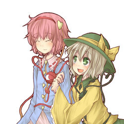  2girls :d ^_^ arm_hug closed_eyes commentary_request green_eyes green_hair hat komeiji_koishi komeiji_satori multiple_girls natsuk open_mouth pink_hair short_hair siblings sisters smile sun_hat third_eye touhou 