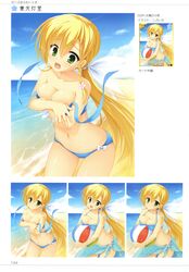  absurdres ball bare_shoulders beach beachball bikini blonde_hair blue_bikini braid breasts cleavage collarbone covering_breasts covering_privates day female green_eyes groin hair_ornament hair_ribbon highres holding kanemoto_akari kobuichi long_hair looking_at_viewer medium_breasts multiple_views navel noble_works open_mouth outdoors ribbon sarong swimsuit untied_bikini variations very_long_hair white_ribbon 