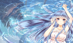  3000_xiao_chun absurdres afloat blue_eyes blue_hair braid commentary_request female hair_over_shoulder highres long_hair looking_at_viewer lying ocean original smile solo twin_braids wet wet_clothes 