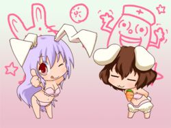  2girls :3 ;q animal_ears arms_behind_back bloomers bra breasts brown_hair buri_hamachi carrot chibi commentary_request inaba_tewi lingerie long_hair medium_breasts multiple_girls navel one_eye_closed panties purple_hair rabbit_ears rabbit_girl rabbit_tail red_eyes reisen_udongein_inaba smile tail thumbs_up tongue tongue_out touhou underwear underwear_only unpopin yagokoro 