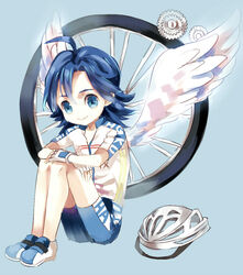  1boy ahoge angel_wings bad_id bad_pixiv_id bicycle_helmet blue_eyes blue_hair fingerless_gloves gloves helmet junekun male_focus manami_sangaku sitting smile solo sportswear unworn_headwear unworn_helmet wings yowamushi_pedal 