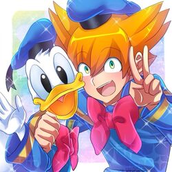  2boys bad_id bad_pixiv_id cosplay crossover disney donald_duck donald_duck_(cosplay) green_eyes hat inazuma_eleven_(series) inazuma_eleven_go inazuma_eleven_go_galaxy looking_at_viewer maianh male_focus minaho_kazuto multiple_boys open_mouth orange_hair upper_body v 