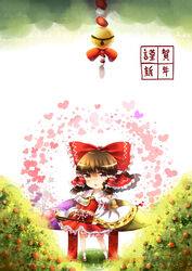  3000_xiao_chun :d absurdres ascot bow brown_eyes brown_hair chibi commentary_request detached_sleeves female gohei hair_ribbon hair_tubes hairbow hakurei_reimu highres holding looking_at_viewer open_mouth ribbon smile solo touhou 