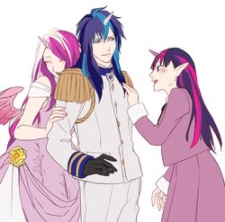  1boy 2girls black_gloves blue_hair brother_and_sister cadance_(my_little_pony) closed_eyes commentary cuddling dress epaulettes from_side gloves horns husband_and_wife long_hair multicolored_hair multiple_girls my_little_pony my_little_pony:_friendship_is_magic otani_(gloria) personification pink_hair pointy_ears purple_hair shining_armor siblings single_horn twilight_sparkle_(mlp) two-tone_hair uniform white_background wings 