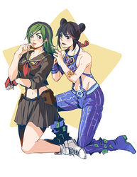  2girls adjusting_another&#039;s_hair adjusting_hair alternate_hairstyle arm_tattoo black_eyes black_hair braid butterfly_tattoo commentary_request cosplay costume_switch crossover double_bun green_eyes green_hair hair_bun hair_down hairstyle_switch jojo_no_kimyou_na_bouken kill_la_kill kujo_jolyne kujo_jolyne_(cosplay) matoi_ryuuko matoi_ryuuko_(cosplay) midriff multicolored_hair multiple_girls photoshop_(medium) qi_(bleachcxn) red_hair school_uniform senketsu serafuku short_hair spider_web_print stone_ocean tattoo two-tone_hair tying_hair 