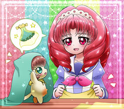  akagi_towa blush cokata commentary_request feline female go!_princess_precure hairband holding holding_needle kuroro_(go!_princess_precure) long_hair needle noble_academy_school_uniform open_mouth photoshop_(medium) precure red_eyes red_hair school_uniform sewing smile 