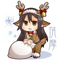  :d animal_costume animal_ears antlers bell black_hair bow brown_eyes character_name chibi chikuma_(kancolle) commentary_request cowbell deer_ears deer_tail female gurageida horn_bell horn_bow horn_ornament horns kantai_collection long_hair open_mouth reindeer_antlers reindeer_costume sack smile snowflakes solo tail 