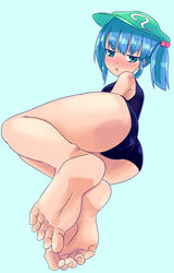  absurdres arm_support ass bare_legs bare_shoulders barefoot blue_eyes blue_hair blush blush_stickers breasts cabbie_hat commentary_request embarrassed feet female foot_focus from_behind hair_bobbles hair_ornament hat highres kawashiro_nitori looking_back lying mashitono_desu medium_breasts on_side one-piece_swimsuit open_mouth school_swimsuit short_hair short_twintails soles solo swimsuit toes touhou twintails 