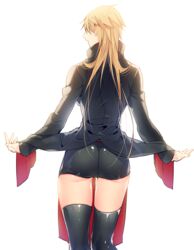  ass back bad_id bad_pixiv_id black_jacket black_shorts black_thighhighs blonde_hair breasts coat_lift commentary_request covered_eyes facing_away female from_behind genderswap_(mtf) hair_over_eyes high_collar izumi_kouhei jacket long_hair long_sleeves medium_breasts parted_lips pepper_fever profile rule_63 shiny_clothes shiny_skin short_shorts shorts sideboob simple_background skindentation solo standing tachikawa_squad&#039;s_uniform tailcoat thighhighs white_background world_trigger 