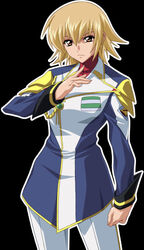  blonde_hair cagalli_yula_athha female gundam gundam_seed gundam_seed_destiny military military_uniform short_hair simple_background solo standing takapiko uniform yellow_eyes 