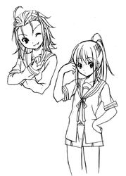  2girls artist_request genderswap_(mtf) greyscale kita_high_school_uniform kyonko long_hair monochrome multiple_girls photoshop_(medium) ponytail rule_63 school_uniform serafuku short_sleeves sketch summer_uniform suzumiya_haruhi_no_yuuutsu taniguchi_(female)_(suzumiya_haruhi) winter_uniform 