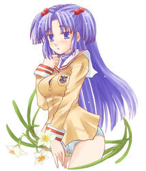  blue_(ao_maru) blue_eyes blue_hair clannad commentary_request cowboy_shot daffodil female flower hair_bobbles hair_ornament ichinose_kotomi long_hair no_pants panties simple_background solo striped_clothes striped_panties two_side_up underwear white_background 