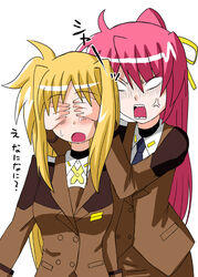  2girls :o anger_vein angry blonde_hair covering_another&#039;s_eyes covering_own_eyes empty_eyes fate_testarossa long_sleeves lyrical_nanoha mahou_shoujo_lyrical_nanoha_strikers military military_uniform multiple_girls open_mouth sawa_(snack_yoshie) shaded_face signum simple_background surprised tsab_ground_military_uniform uniform upper_body white_background 