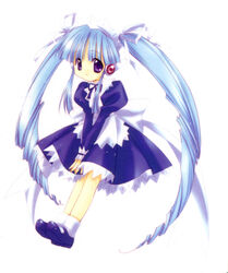  blue_hair female full_body long_hair maid nanase_aoi petit_monster purple_eyes ribbon robot_ears simple_background solo twintails very_long_hair white_background 